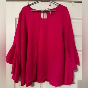 Neon pink bell sleeve blouse keyhole back